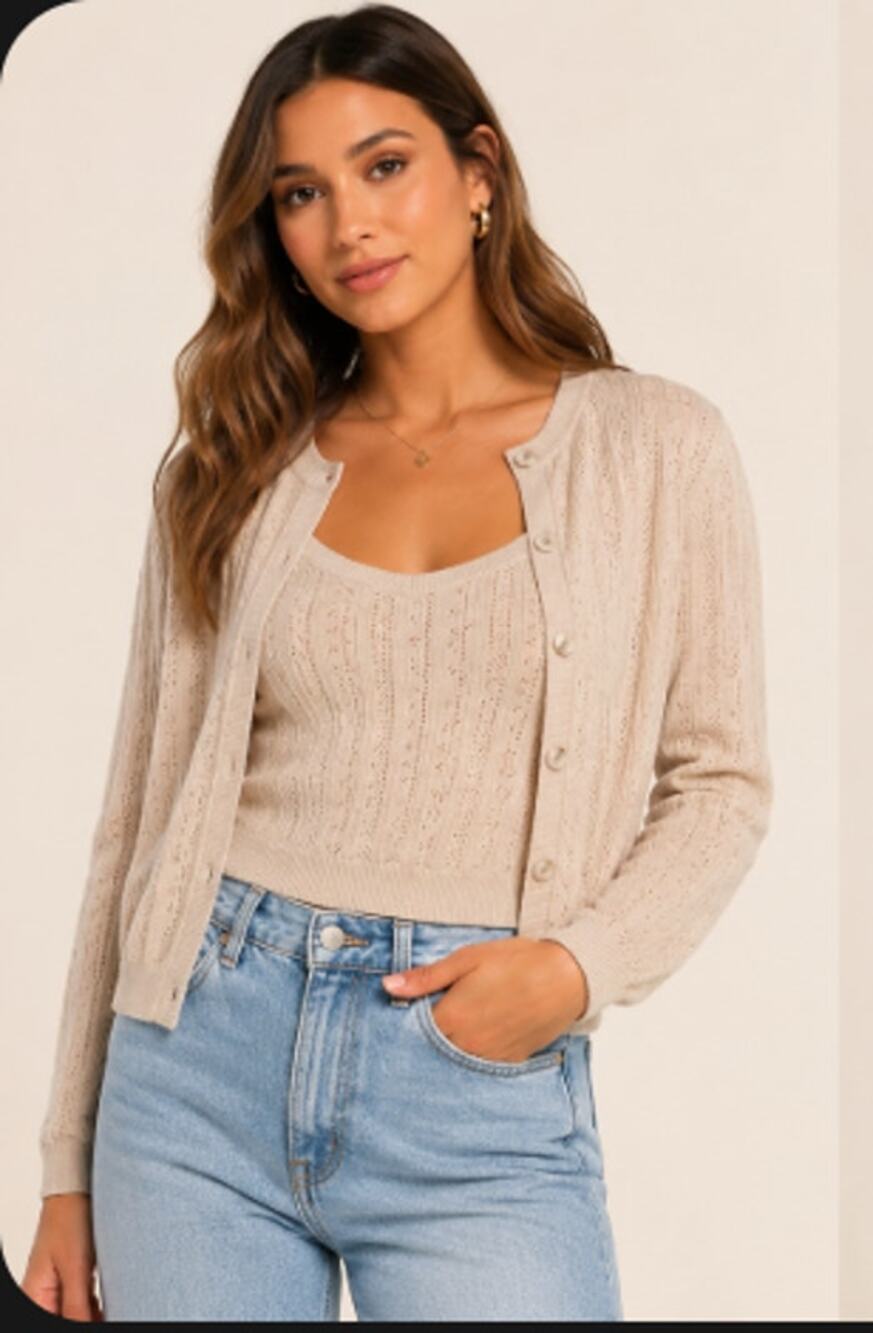 Sincerely Jules Pointelle Knit Cardigan Cami 2 Piece Set Beige XL NWT